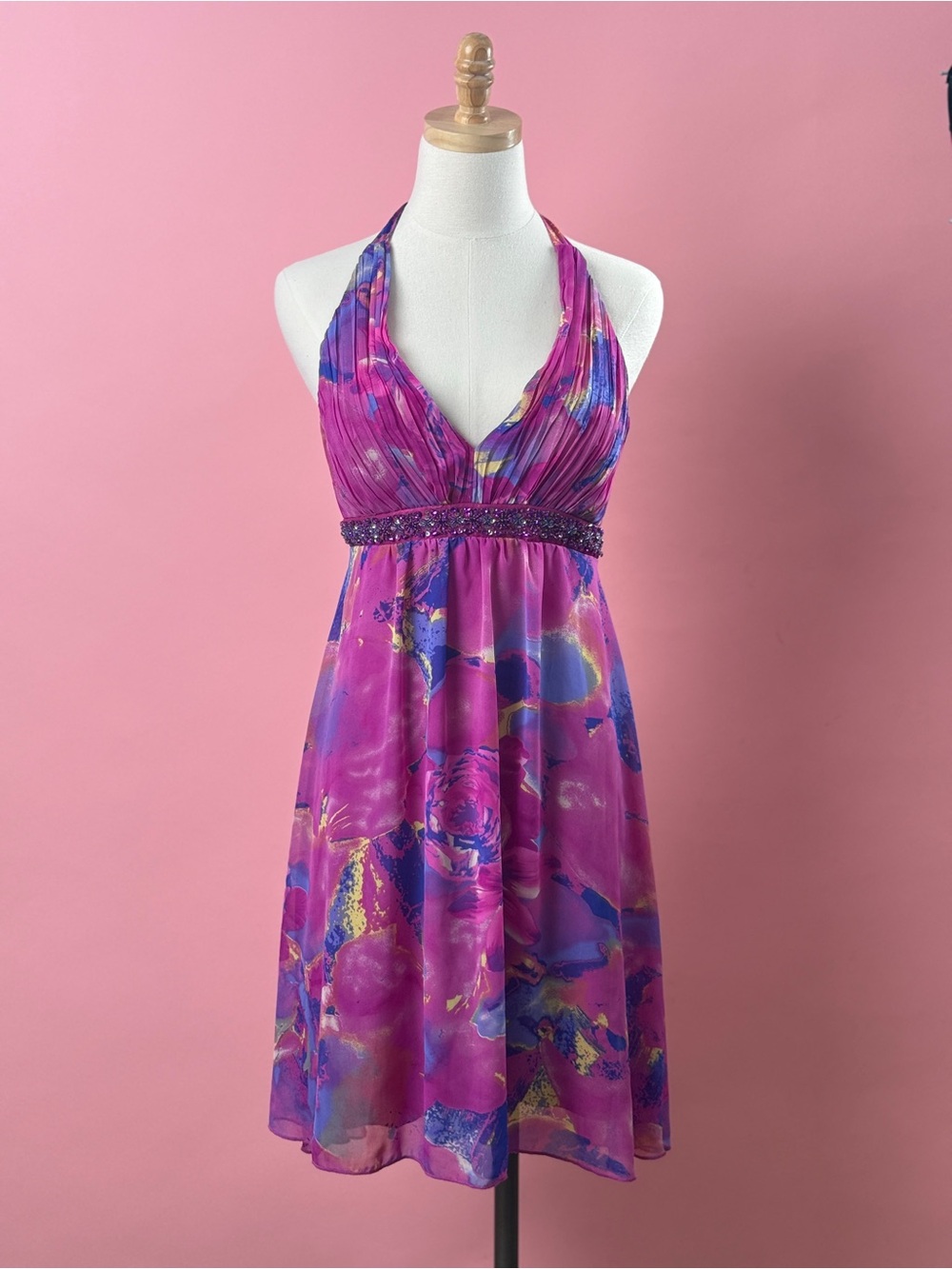 XOXO Vintage Y2K Abstract Floral Beaded Halter Dress Size 3 Pink Purple